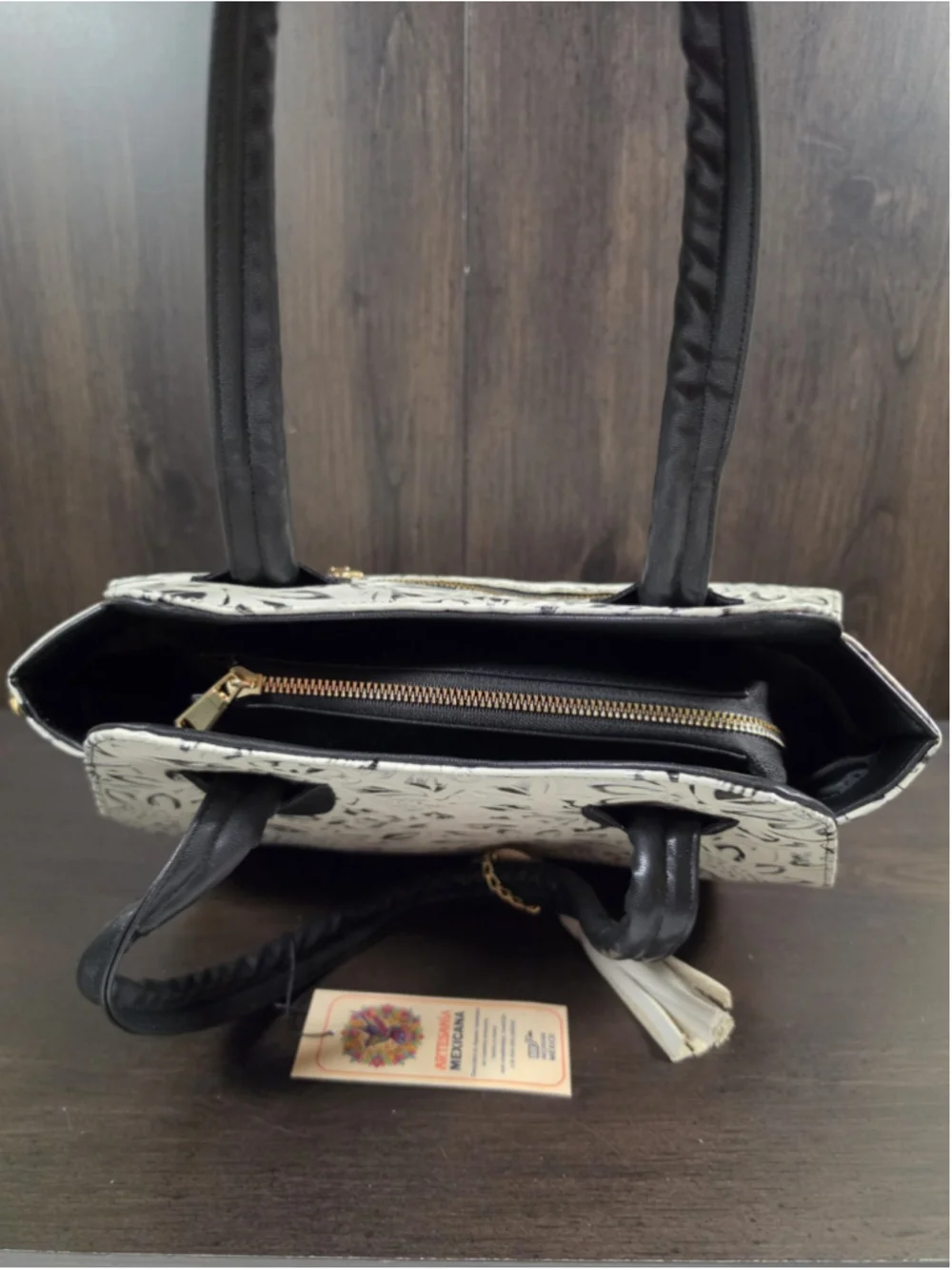 Black White Silver Embossed Tooled Artisan LEATHER Shoulder Bag Purse Crossbody